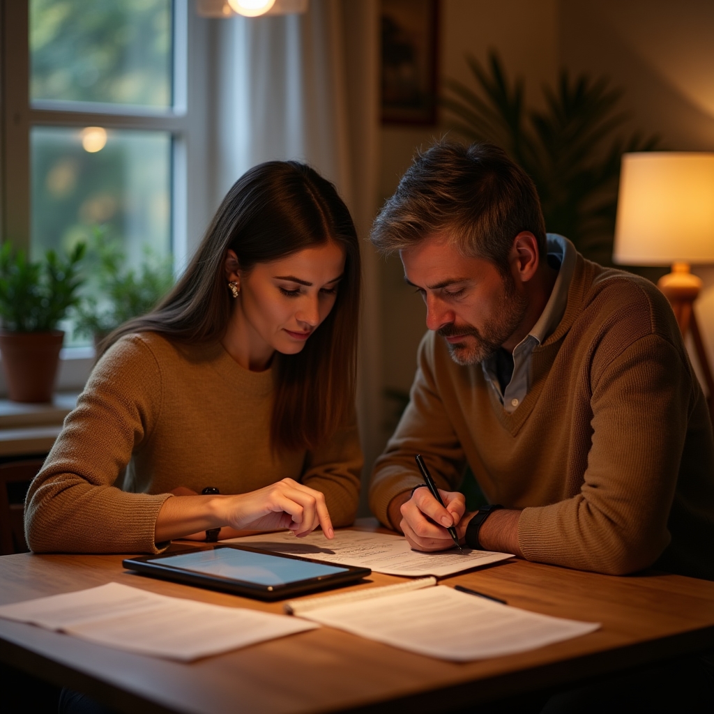 Argentine family reviewing household finances together at dining table, warm home environment