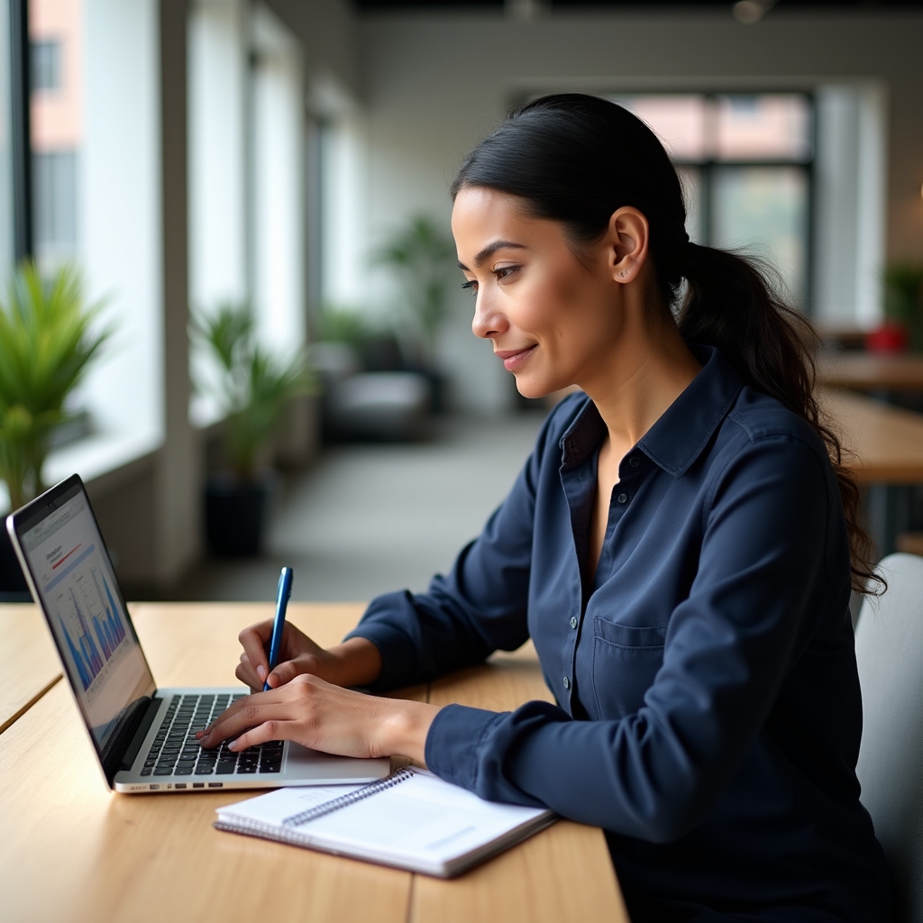 Person studying household finances with notebook and charts