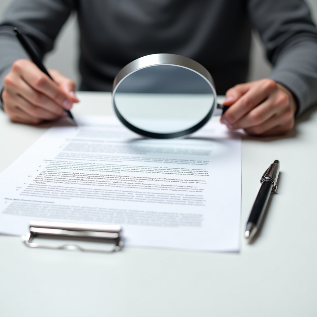 Close-up of financial document with magnifying glass and pen on desk