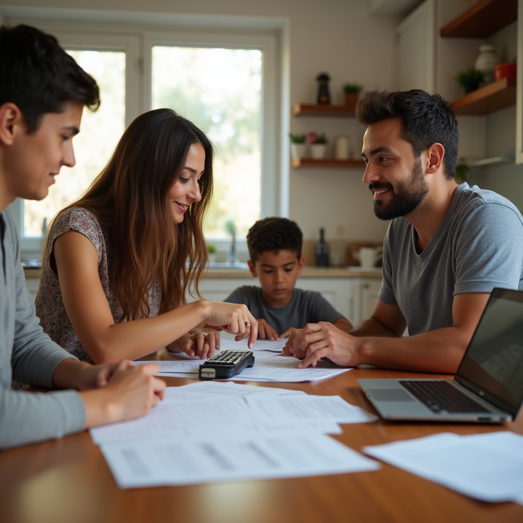 Family discussing finances at kitchen table with papers and calculator