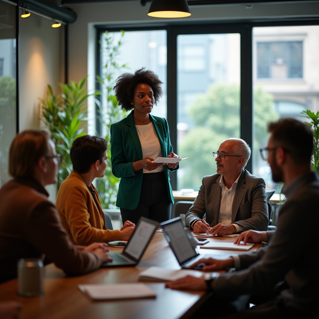 Educator presenting financial concepts to small group in modern workshop space