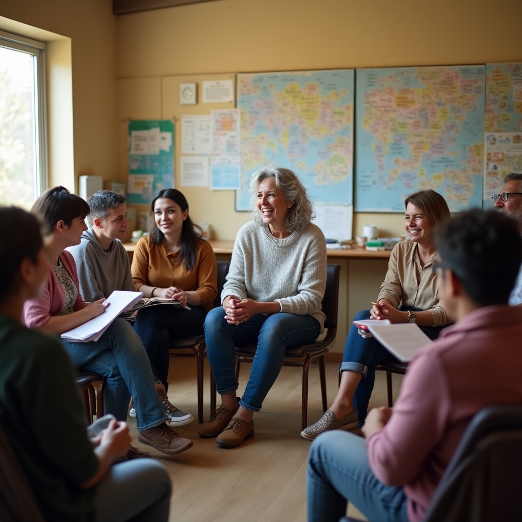 Diverse group of adults in a community center workshop setting, engaged with educational materials