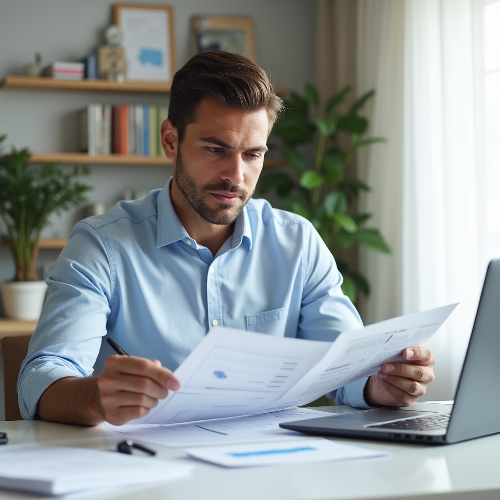 Person at desk confidently reviewing financial documents with organized notes, making independent decisions