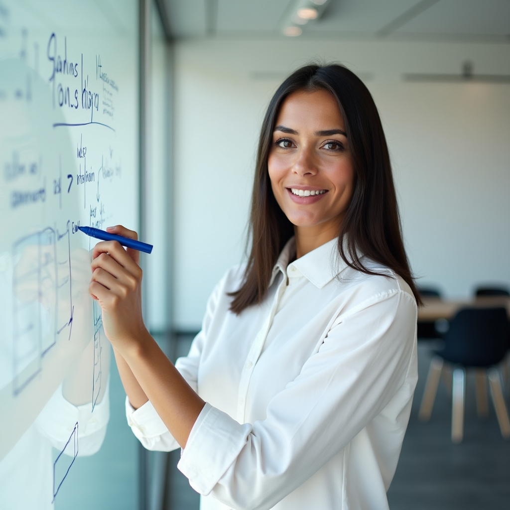 Educator writing clear diagram on whiteboard, explaining financial concepts with simple visuals