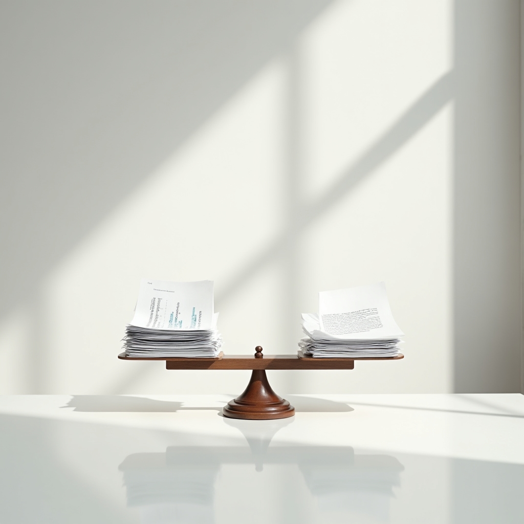 Balanced scale illustration with financial documents on both sides, neutral lighting